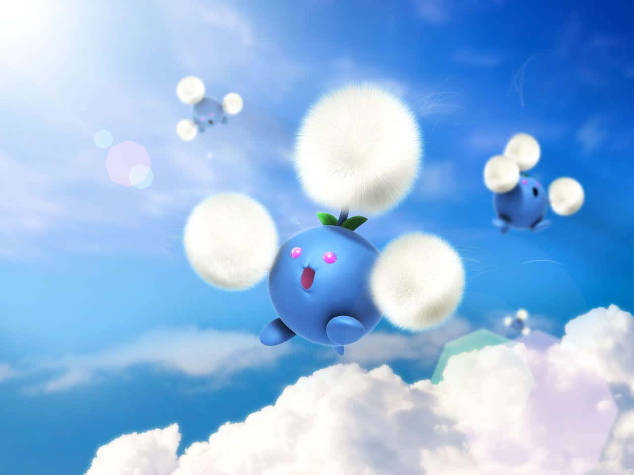 三隻跳跳果與雲朵 壁紙 — 一隻快樂的藍色卡通生物，擁有蓬鬆的白色翅膀，在柔軟雲朵之上的明亮藍天中歡樂翱翔。