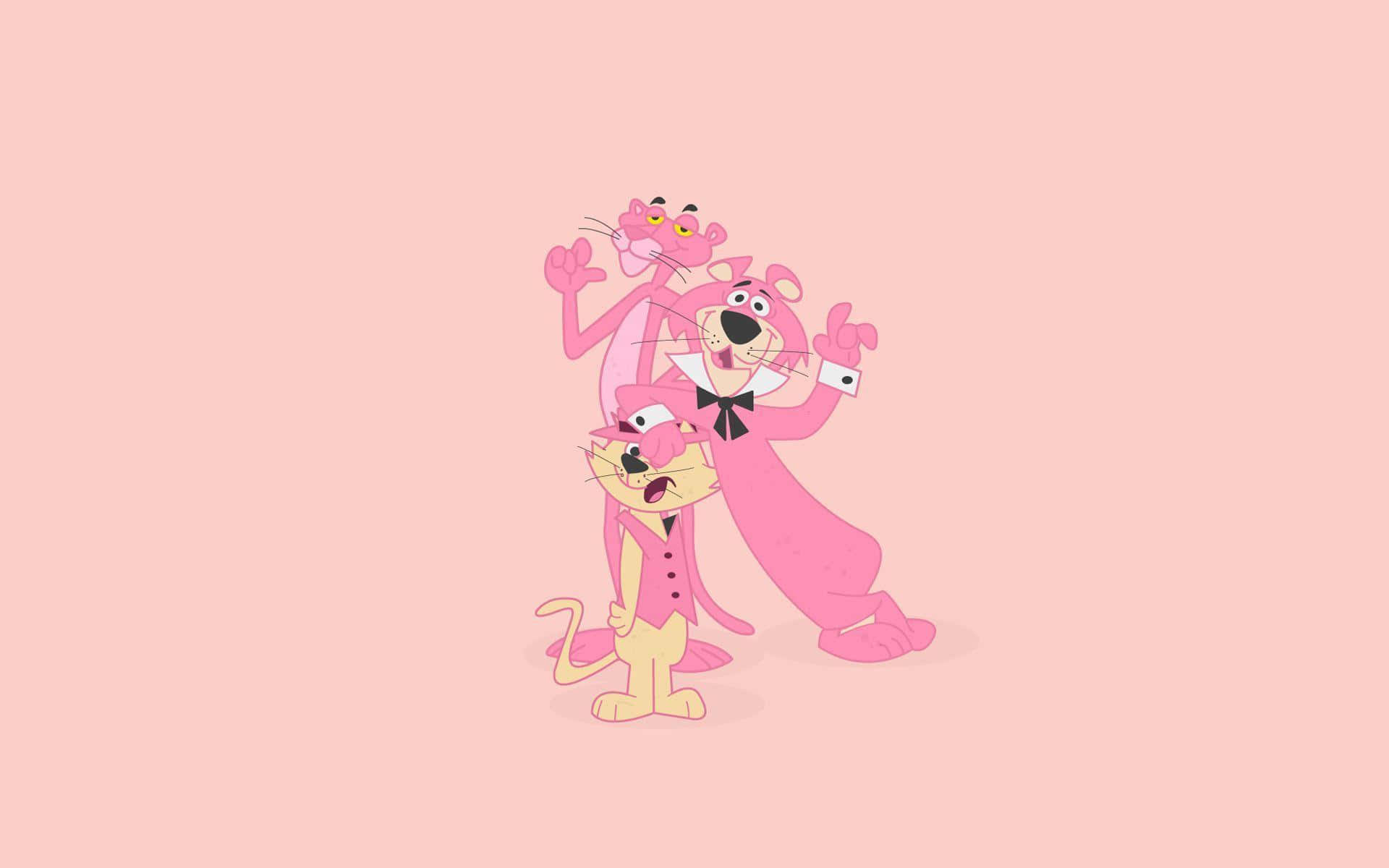 Pink Panther 桌布 壁紙 — 三隻身穿西裝的粉紅色卡通黑豹在純粉紅色背景前愉快地擺姿勢。