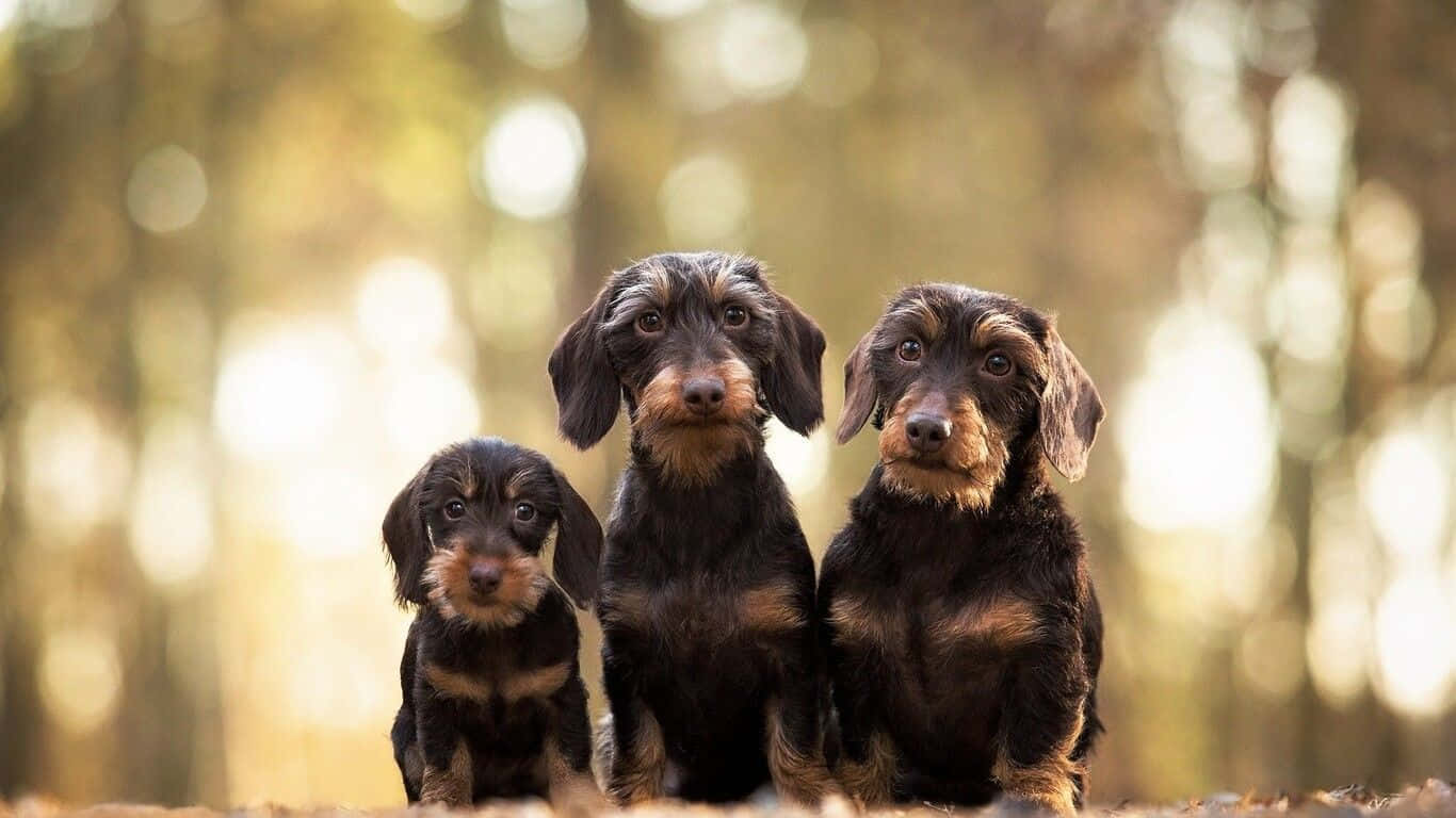 dachshund 桌布 壁紙 — 三隻黑色和棕褐色毛髮的臘腸犬幼犬警覺地坐在陽光明媚的森林中，背景是金色的散景。