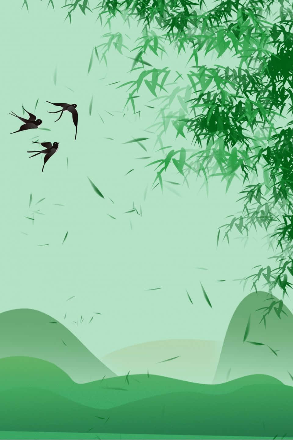 清新 桌布 壁紙 — 三隻黑鳥在層疊的竹葉下翱翔，背景是柔和的綠色天空，下方是起伏的丘陵。