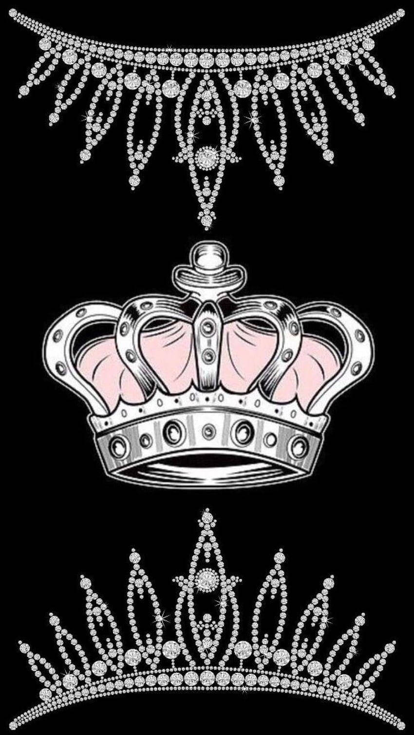 King And Queen 桌布 壁紙 — 三頂華麗的珠寶王冠和頭飾在純黑背景上閃爍，呈現風格化插圖。