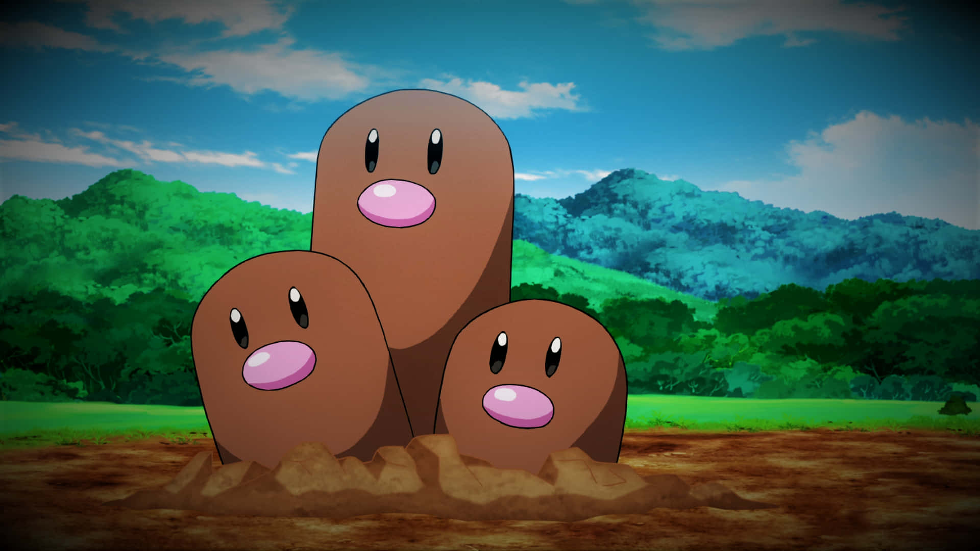 三隻 Diglett 小精靈喺森林景觀中從泥土中出現。