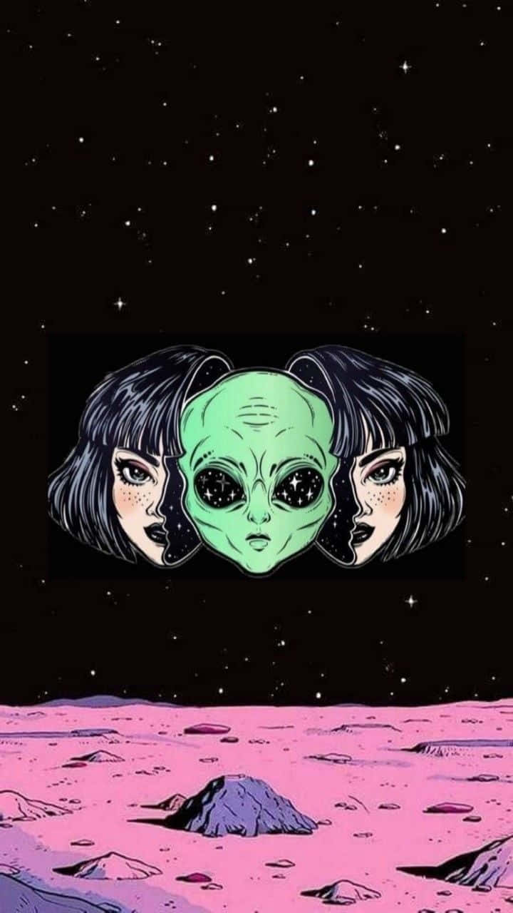 Psychedelic Grunge 桌布 壁紙 — 三頭外星人，擁有人的面孔，在星空下從粉紅色的外星景觀中凝視。