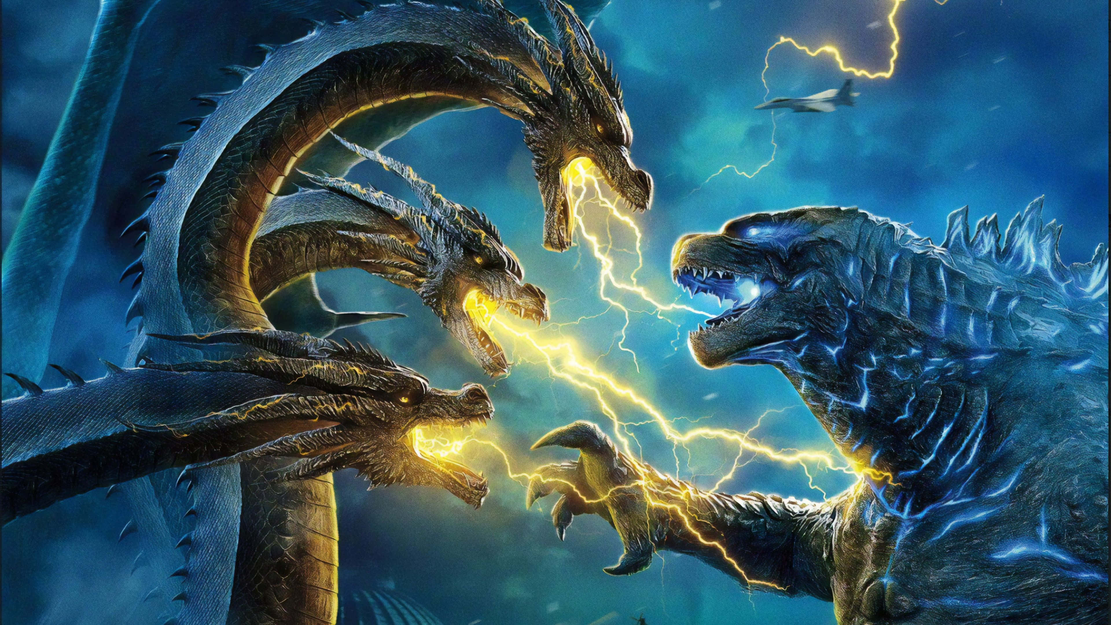 King Ghidorah 桌布 壁紙 — 三頭龍在暴風雨的藍天下向哥斯拉噴射閃電，背景有戰鬥機。