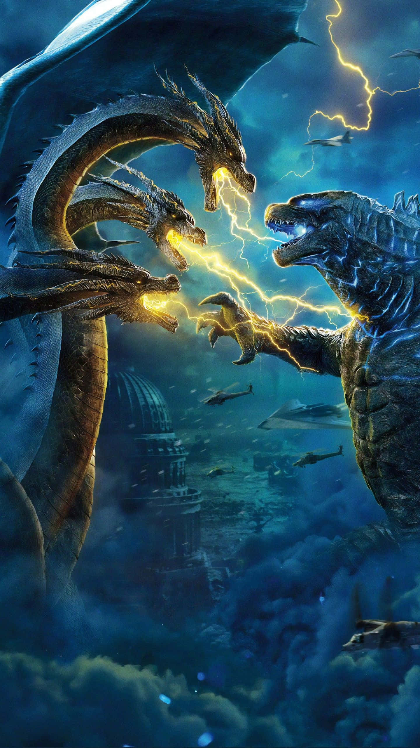 King Ghidorah 桌布 壁紙 — 三頭龍與哥斯拉在雷電照亮他們戰鬥的廢墟城市上空暴風雨中碰撞。