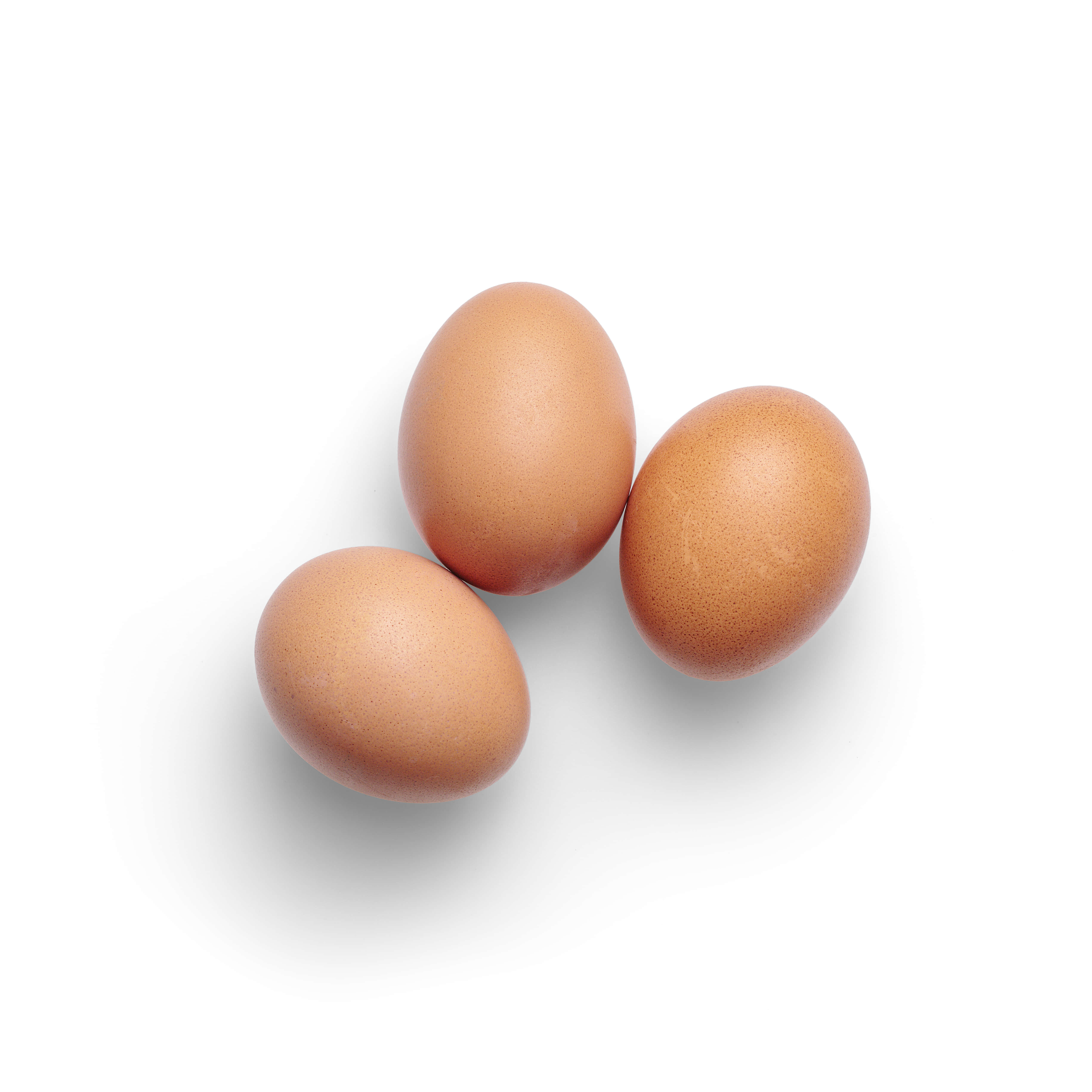Eggs 桌布 壁紙 — 三顆光滑的棕色雞蛋在純白背景上以鬆散的三角形排列，帶有柔和陰影。