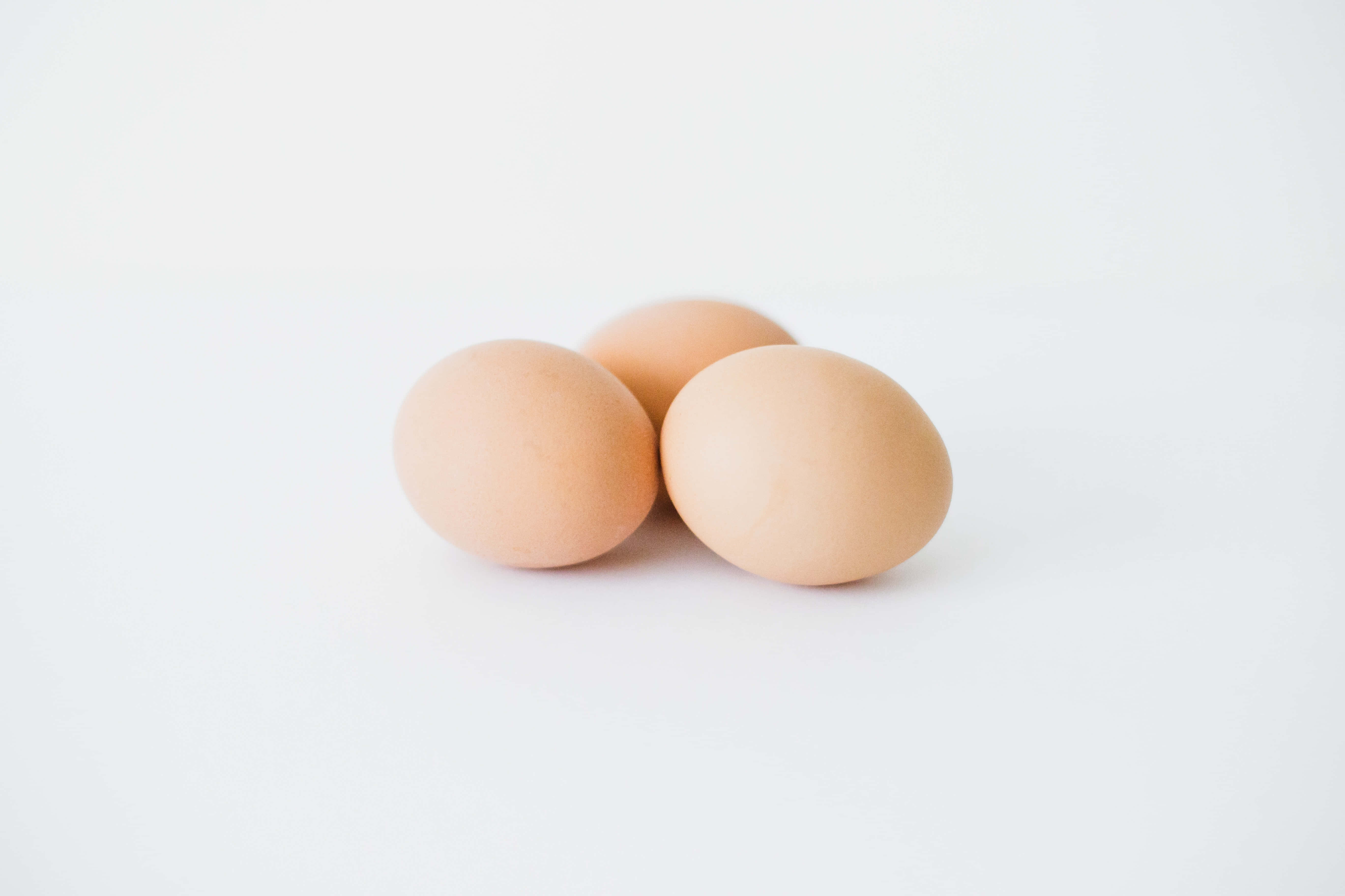 Brown Eggs 桌布 壁紙 — 三顆光滑的棕色雞蛋輕輕地放在明亮的白色表面上，帶有柔和的陰影。