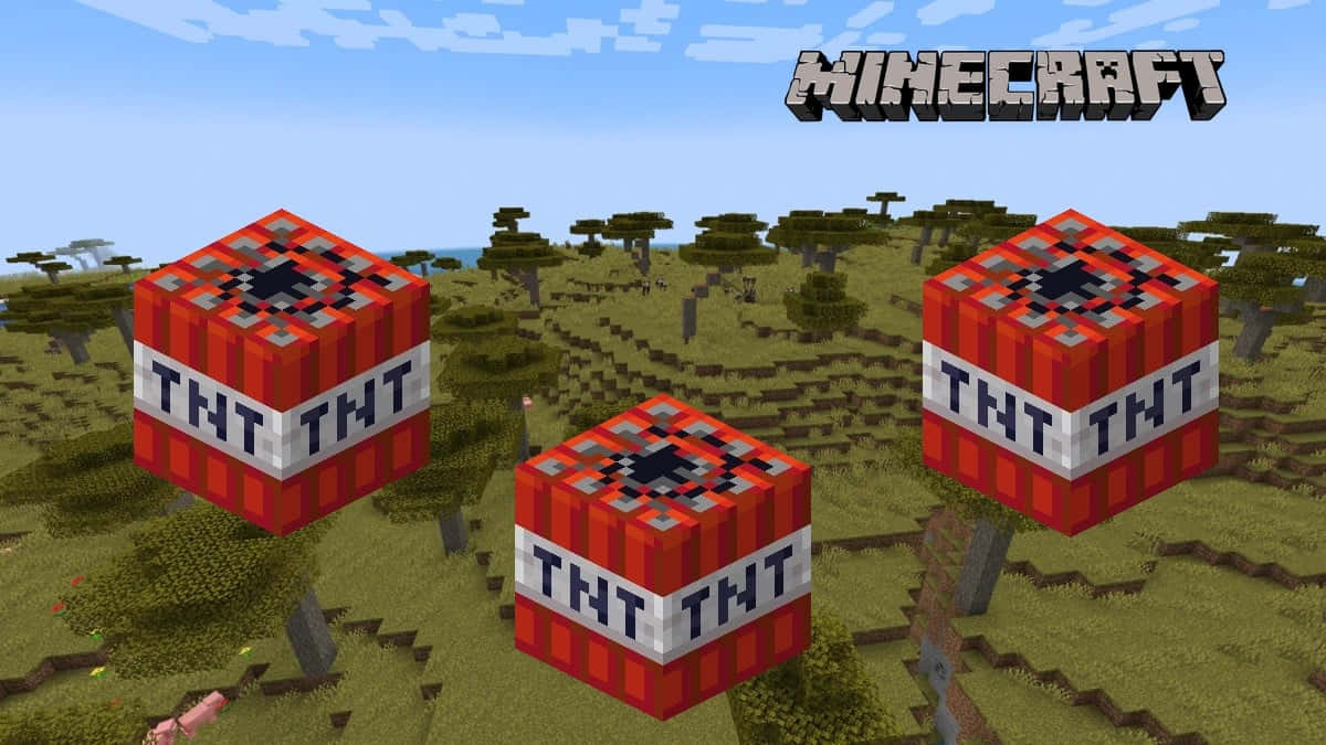 在Minecraft遊戲世界中漂浮的三個TNT方塊，伴有樹木和天空。
