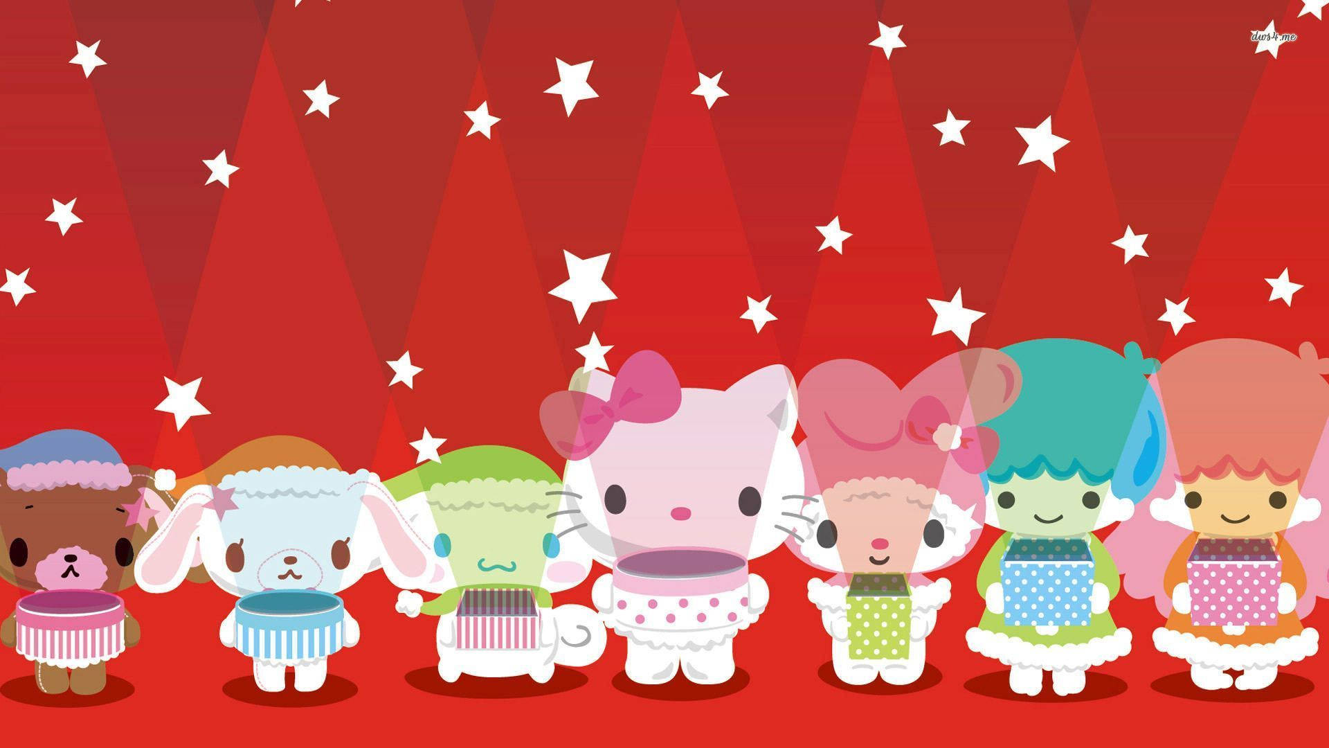 三麗鷗Hello Kitty桌面壁紙 壁紙 — 七個可愛的Sanrio角色穿著節日冬季服裝，在紅色星空背景前站成一排。