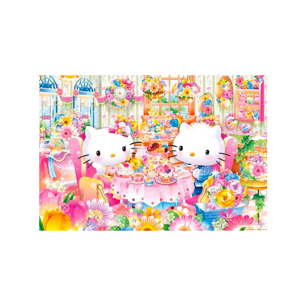 兩個Hello Kitty角色正在舉行一場有花朵和粉彩裝飾的茶會。