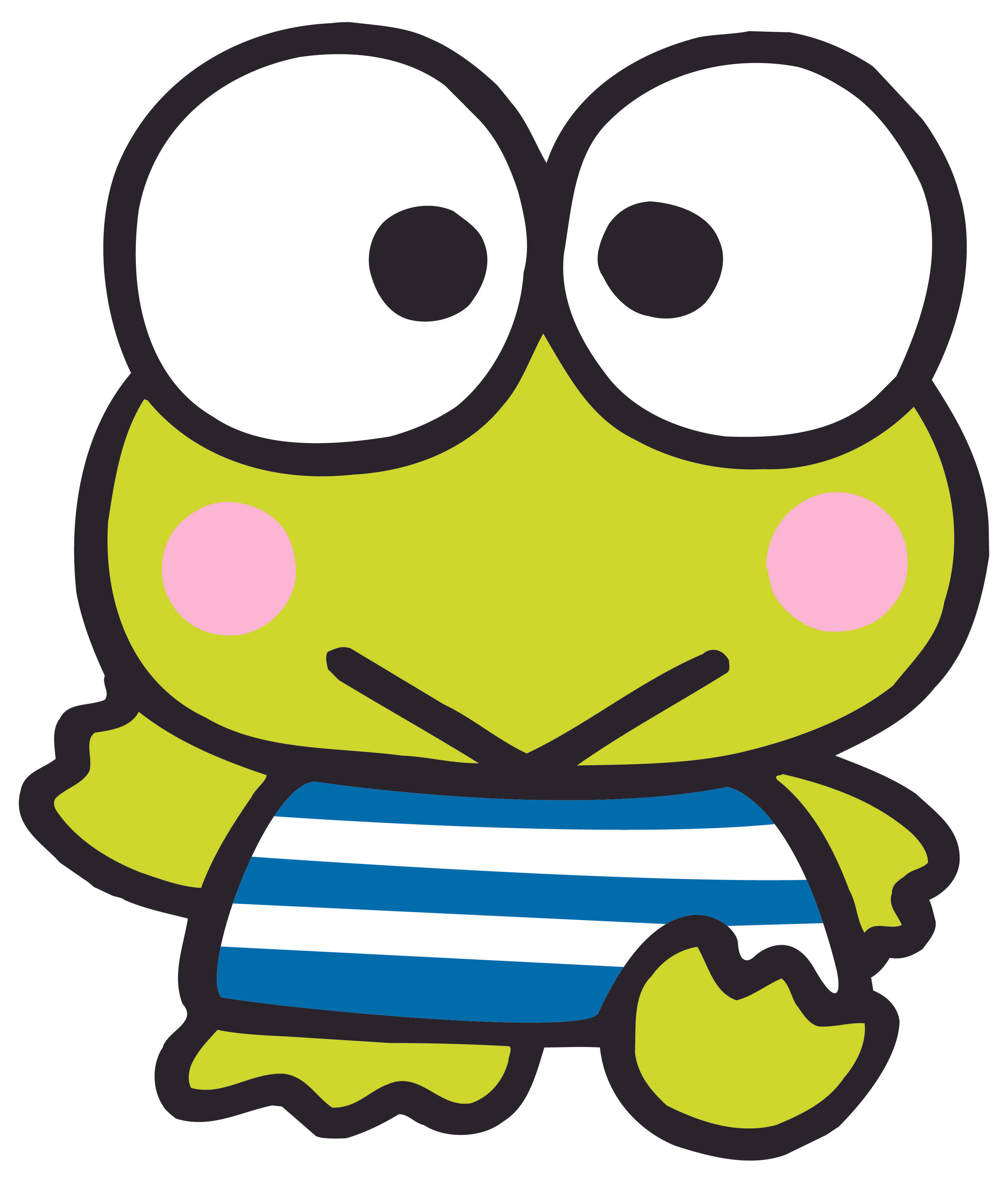 三麗鷗Keroppi青蛙 壁紙 — 一隻可愛的青檸綠色卡通青蛙，有大大的白色眼睛和粉紅色臉頰，穿著藍白條紋襯衫。