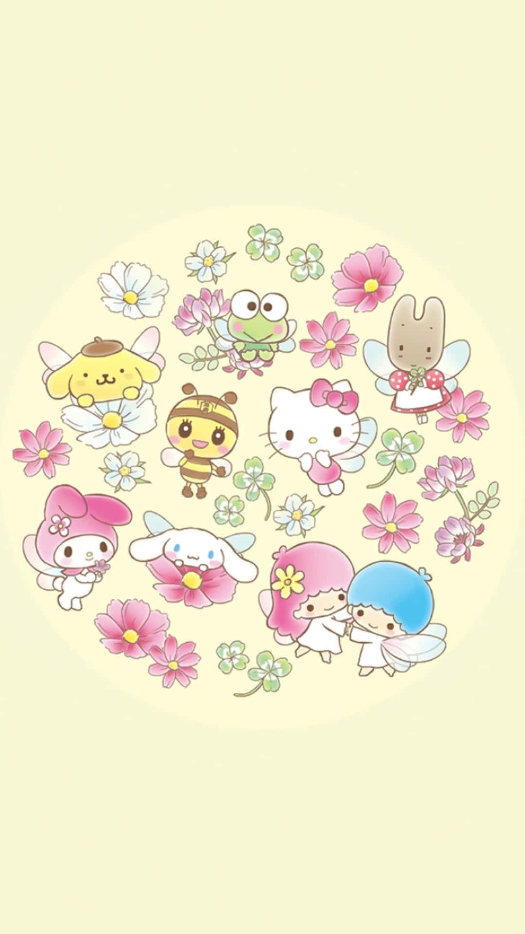 三麗鷗花卉風格頭像壁紙 壁紙 — 一個快樂的圓圈，可愛的動漫角色帶有翅膀和花朵，在柔和的黃色背景上。