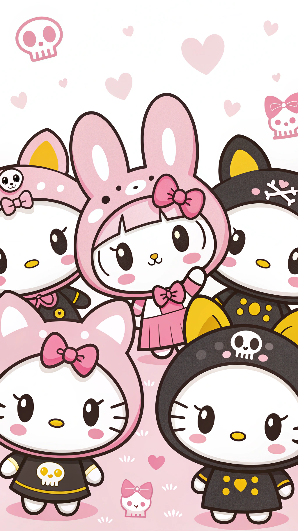 三麗鷗萬聖節變身將令人驚嘆 壁紙 — 五個Hello Kitty角色穿著粉紅色和黑色骷髏主題服裝，周圍漂浮著心形和骷髏，背景是柔和的粉紅色。