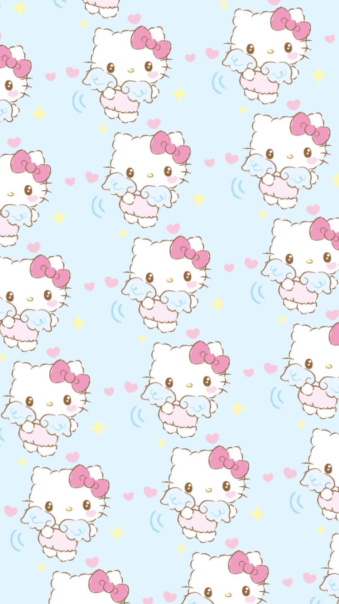 三麗鷗角色圖案背景 壁紙 — Hello Kitty 化身可愛天使，帶着粉紅色蝴蝶結和翅膀，在淺藍色背景上重複圖案，配有心形和星星。