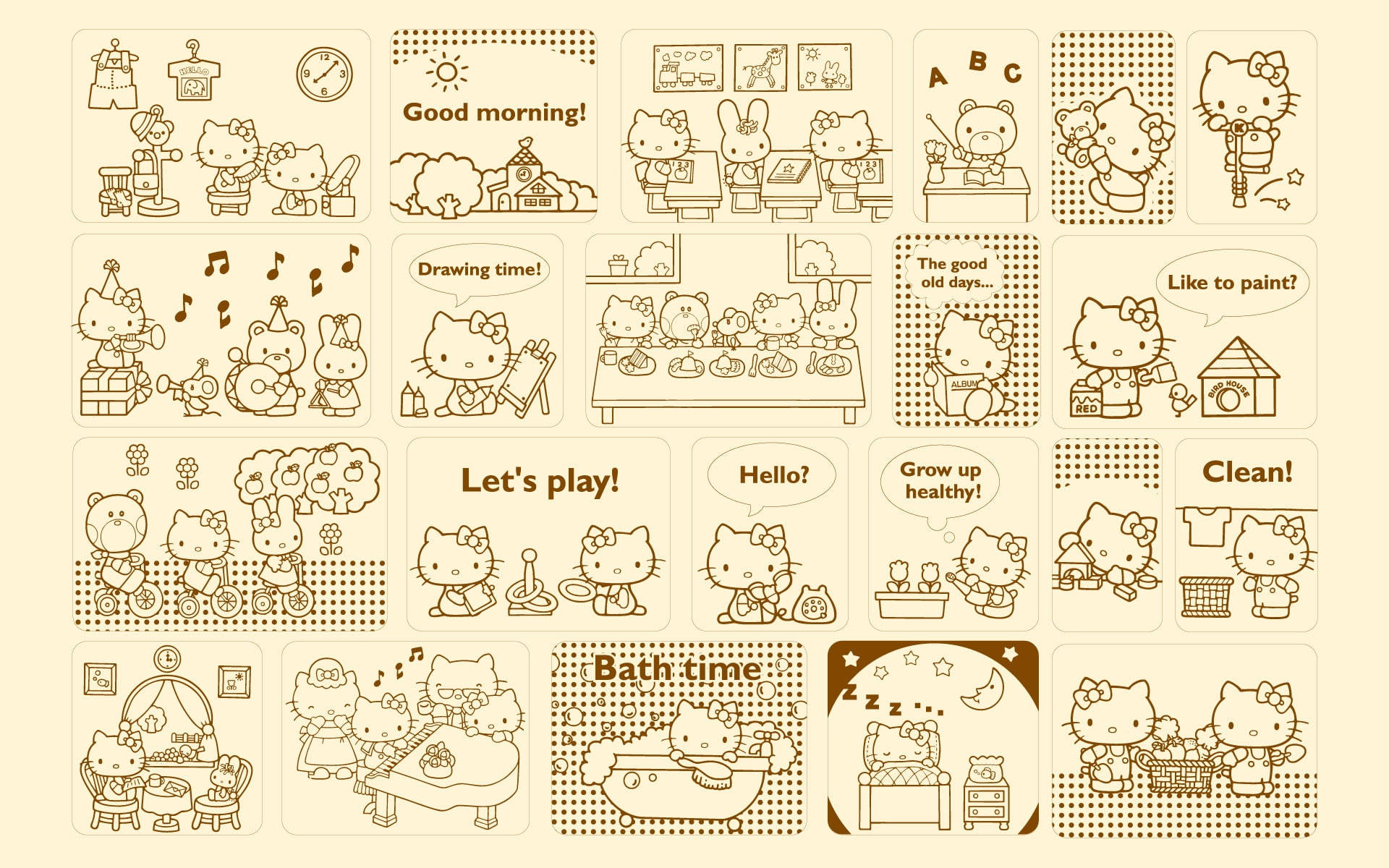 Hello Kitty在各種日常活動中，如學校、藝術、洗澡和就寢時間，以復古棕褐色線條藝術風格呈現。