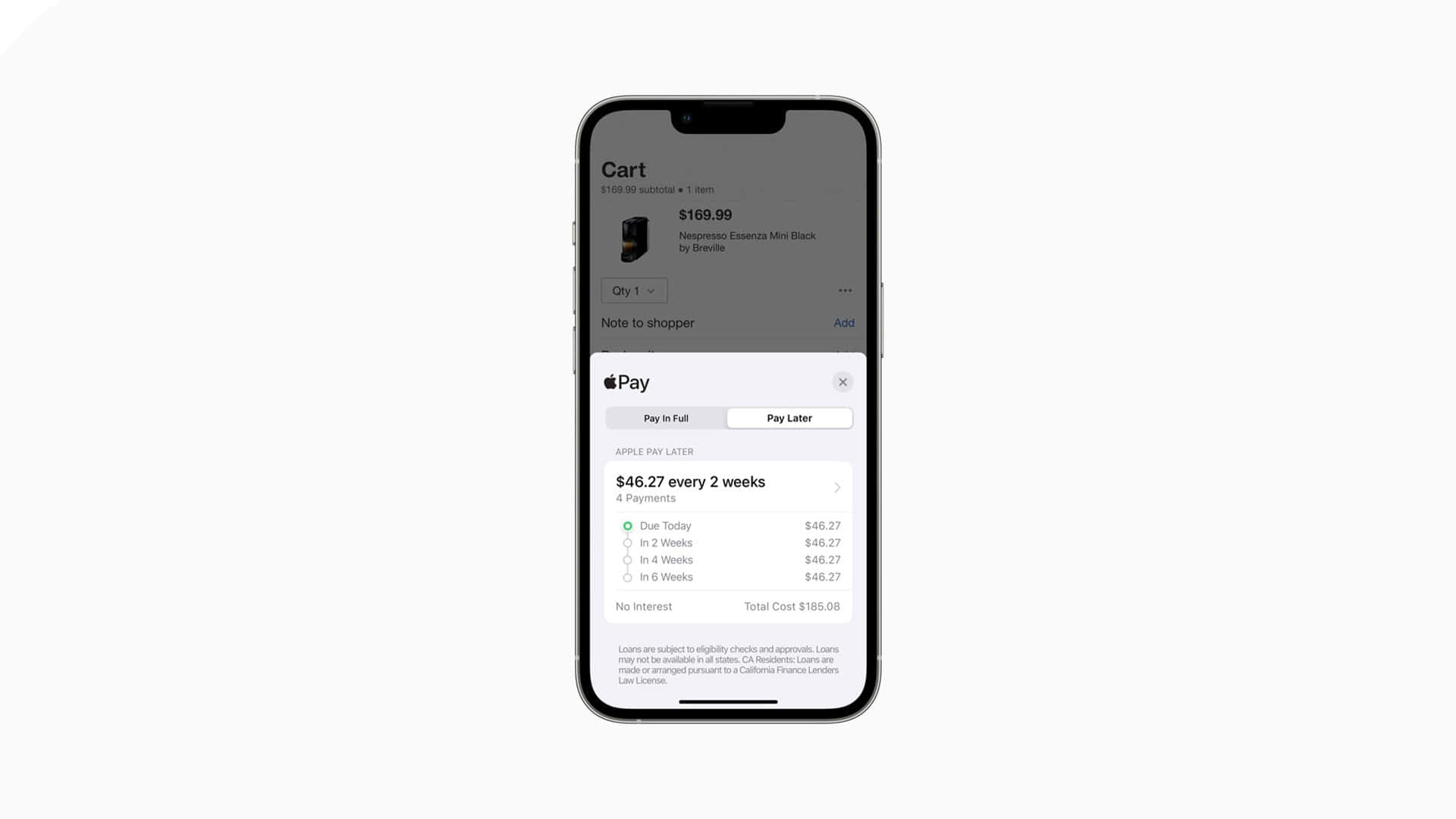 智能手機顯示Apple Pay購物車及付款計劃詳情。