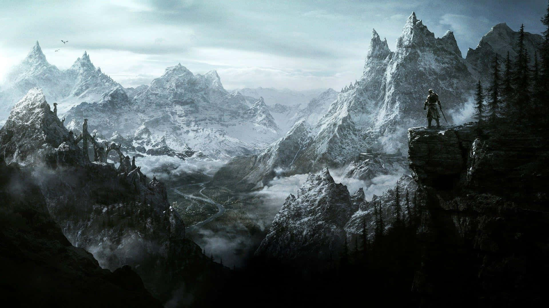 一位孤獨的戰士從懸崖邊緣俯瞰白雪覆蓋的山脈。 — 天際 GIF 壁紙
