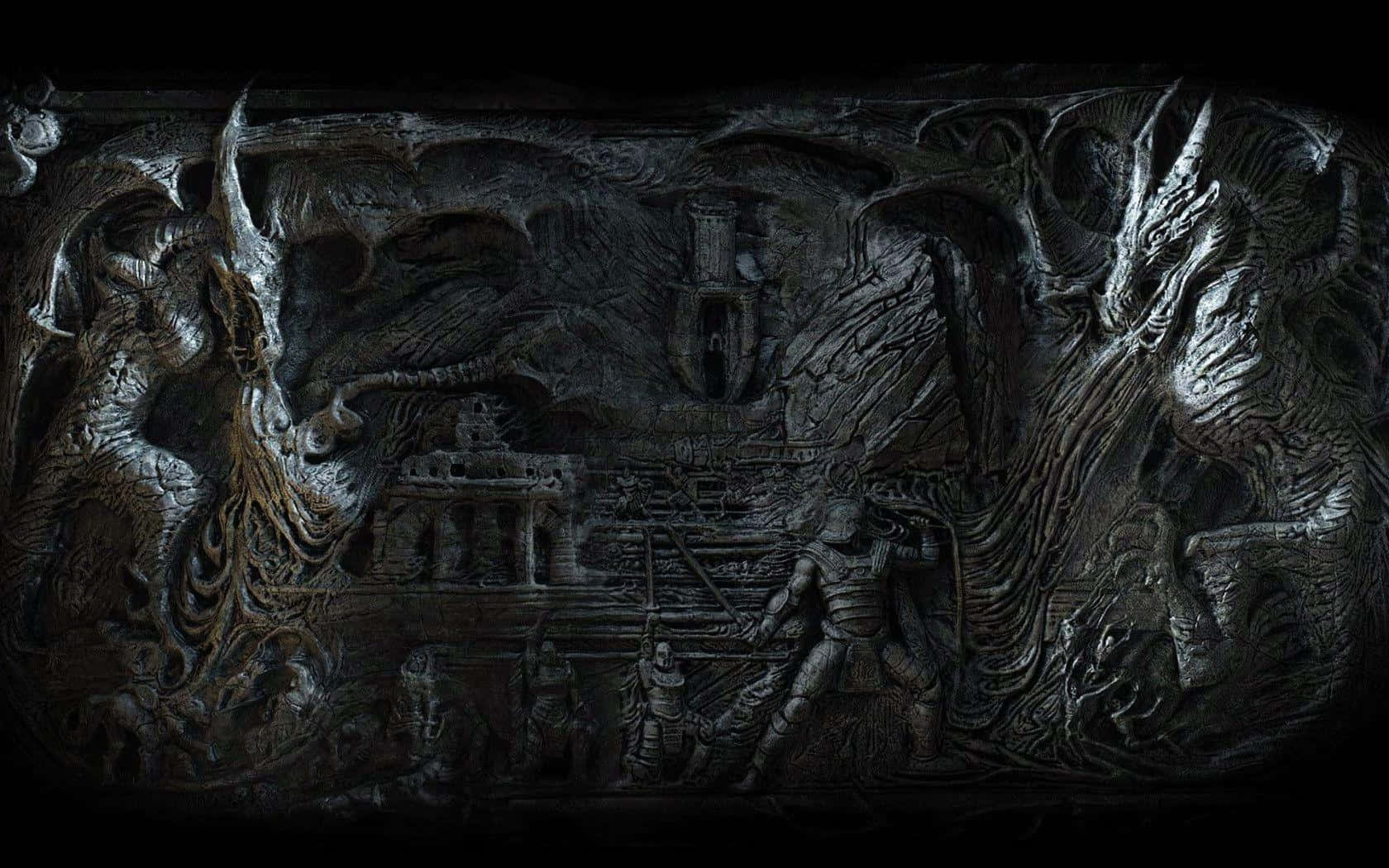 黑暗的石雕，描繪奇幻怪物和戰士在戰鬥中。 — 天際 GIF 壁紙