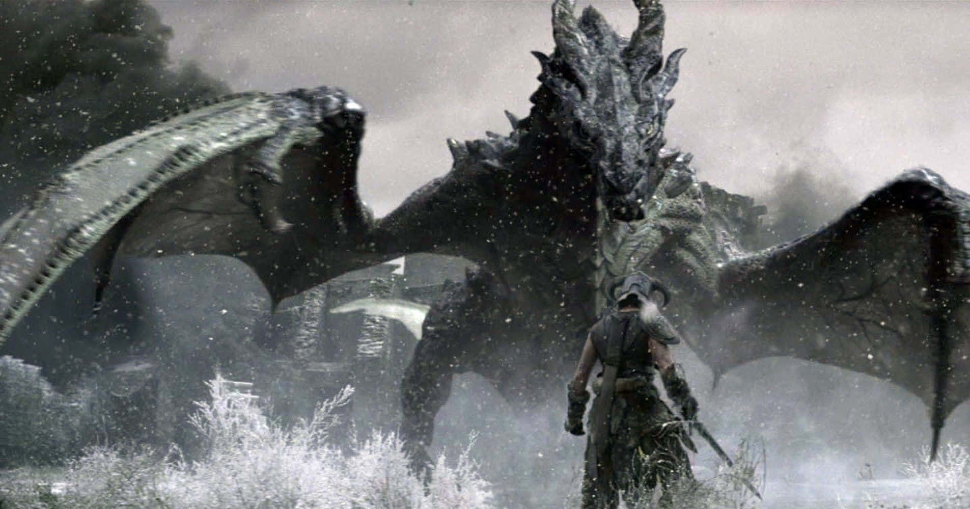 戰士在雪地戰場上面對巨龍。 — 天際 GIF 壁紙