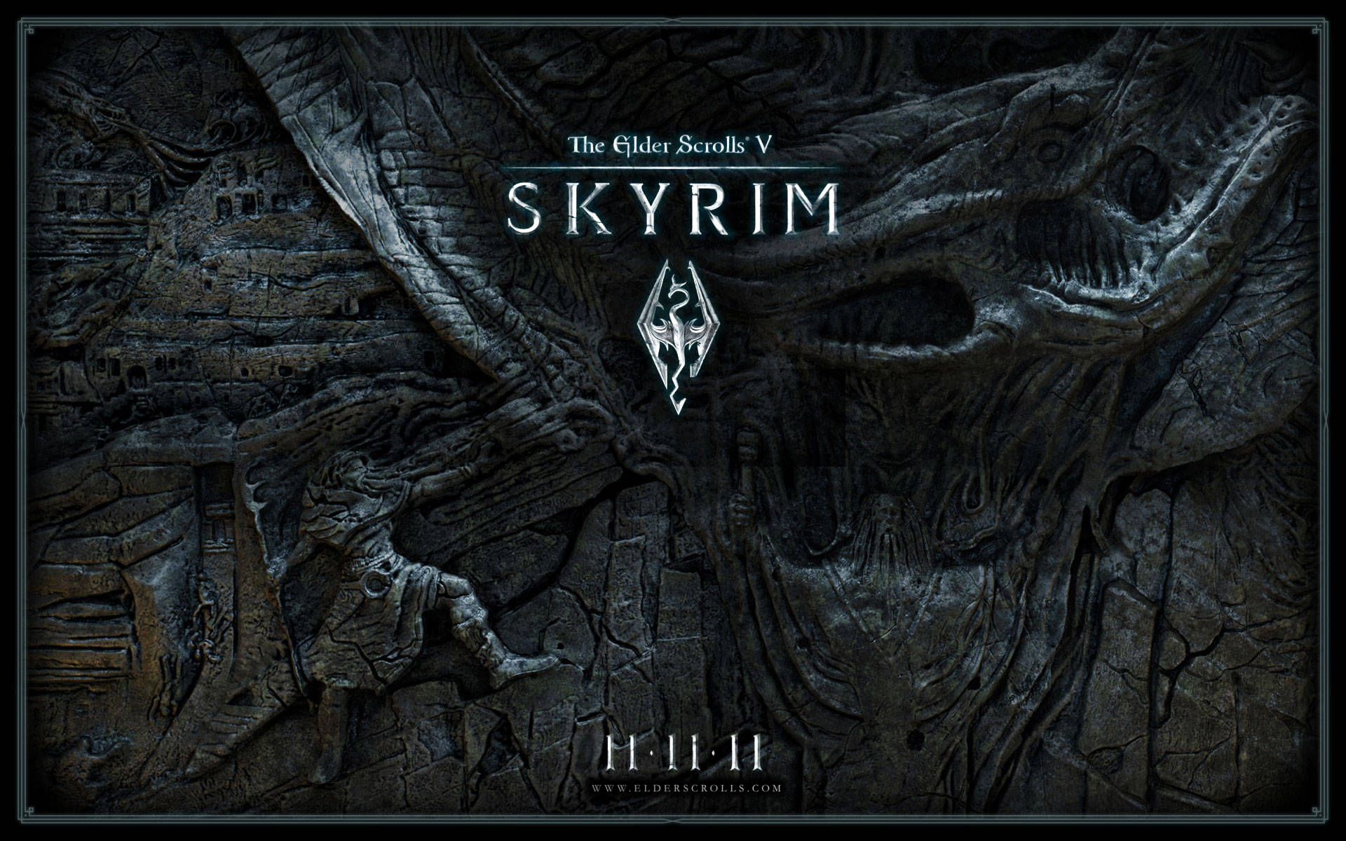 戰士與龍戰鬥的石雕，帶有Skyrim標誌
