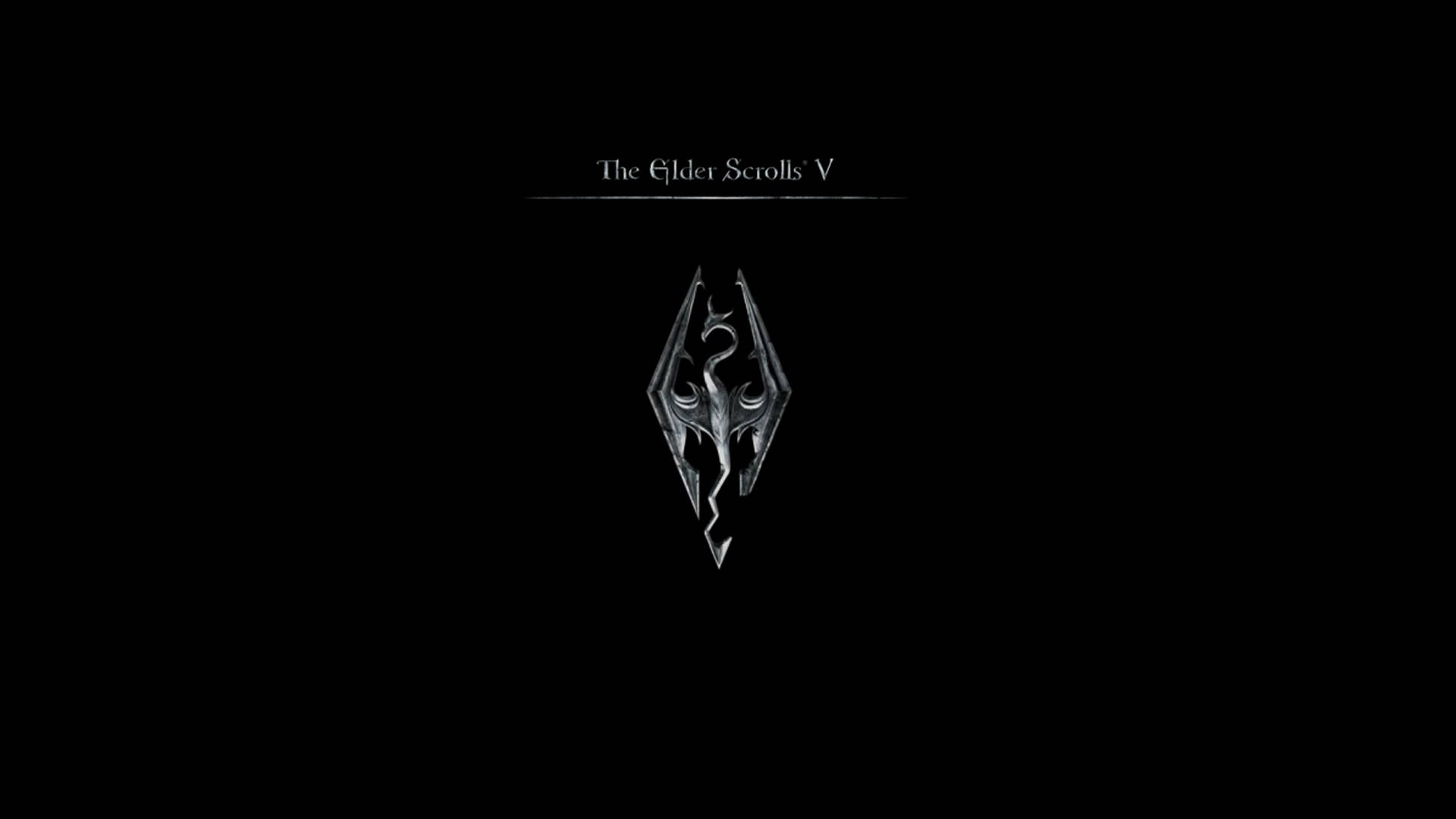 黑色背景上帶有銀色風格化徽章的 The Elder Scrolls V 標誌。