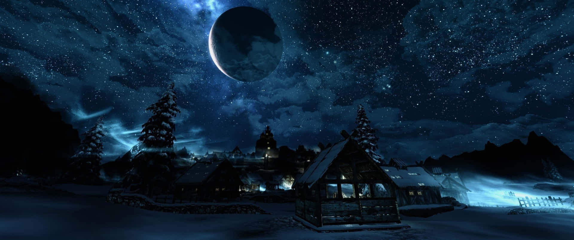 雪村夜景，星空下有大月亮和發光的窗戶。