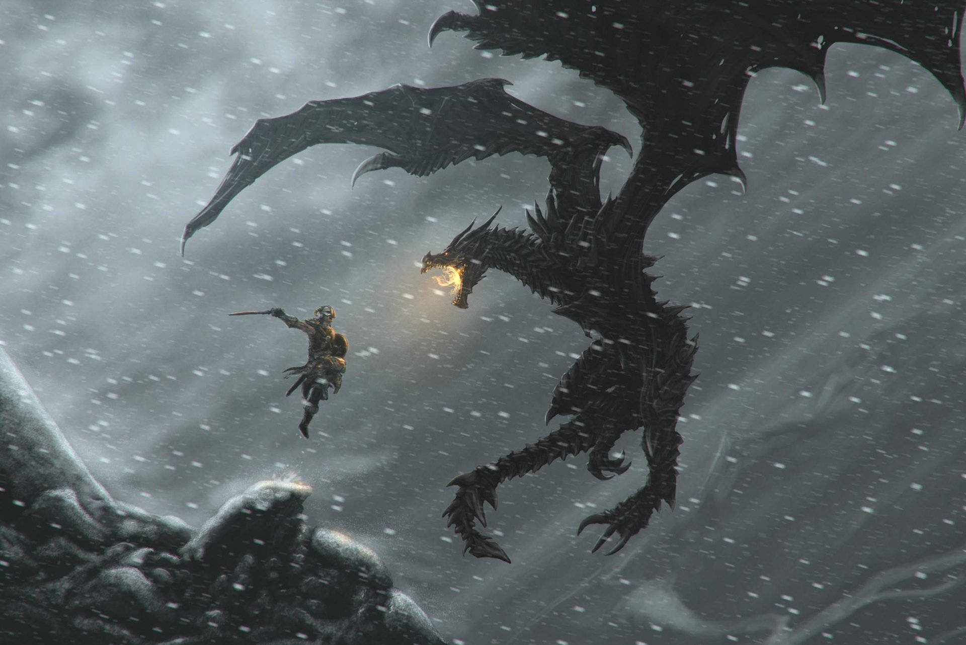 《上古卷軸V：天際》飛龍戰士 壁紙 — 一個孤獨的戰士跳過暴風雪，面對一隻巨大的黑色巨龍，向著暴風雨的天空噴火。