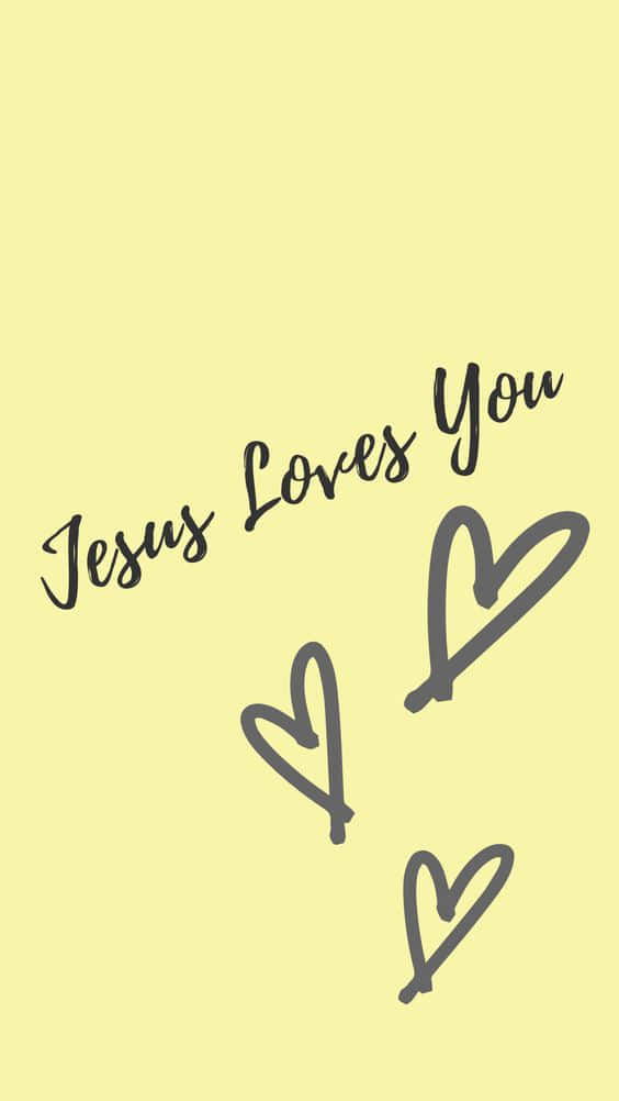 Jesus Loves You 訊息，附有三個手繪心形，底色為淡黃色。