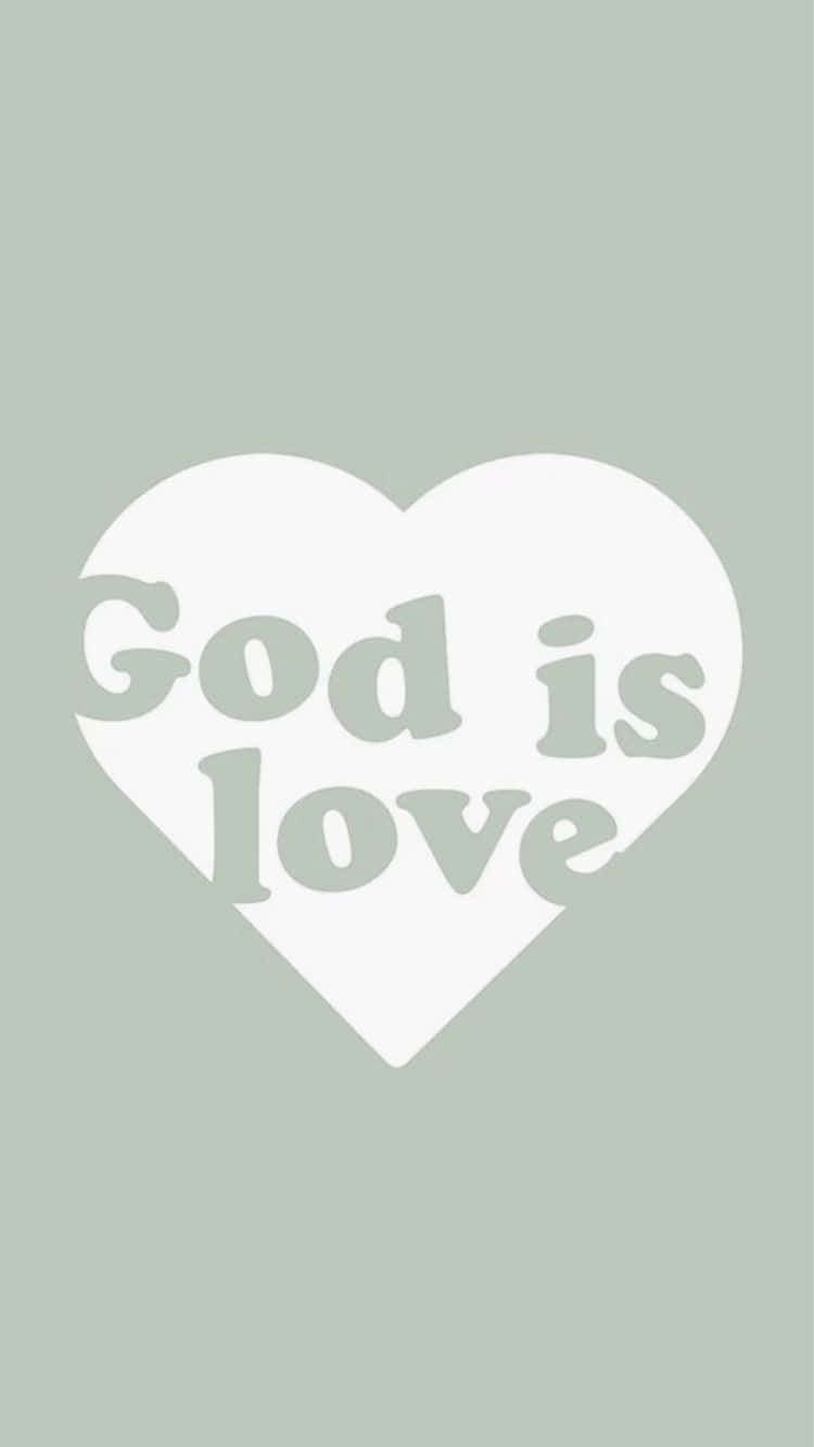 白色心形配上 God is love 文字，背景為鼠尾草綠色
