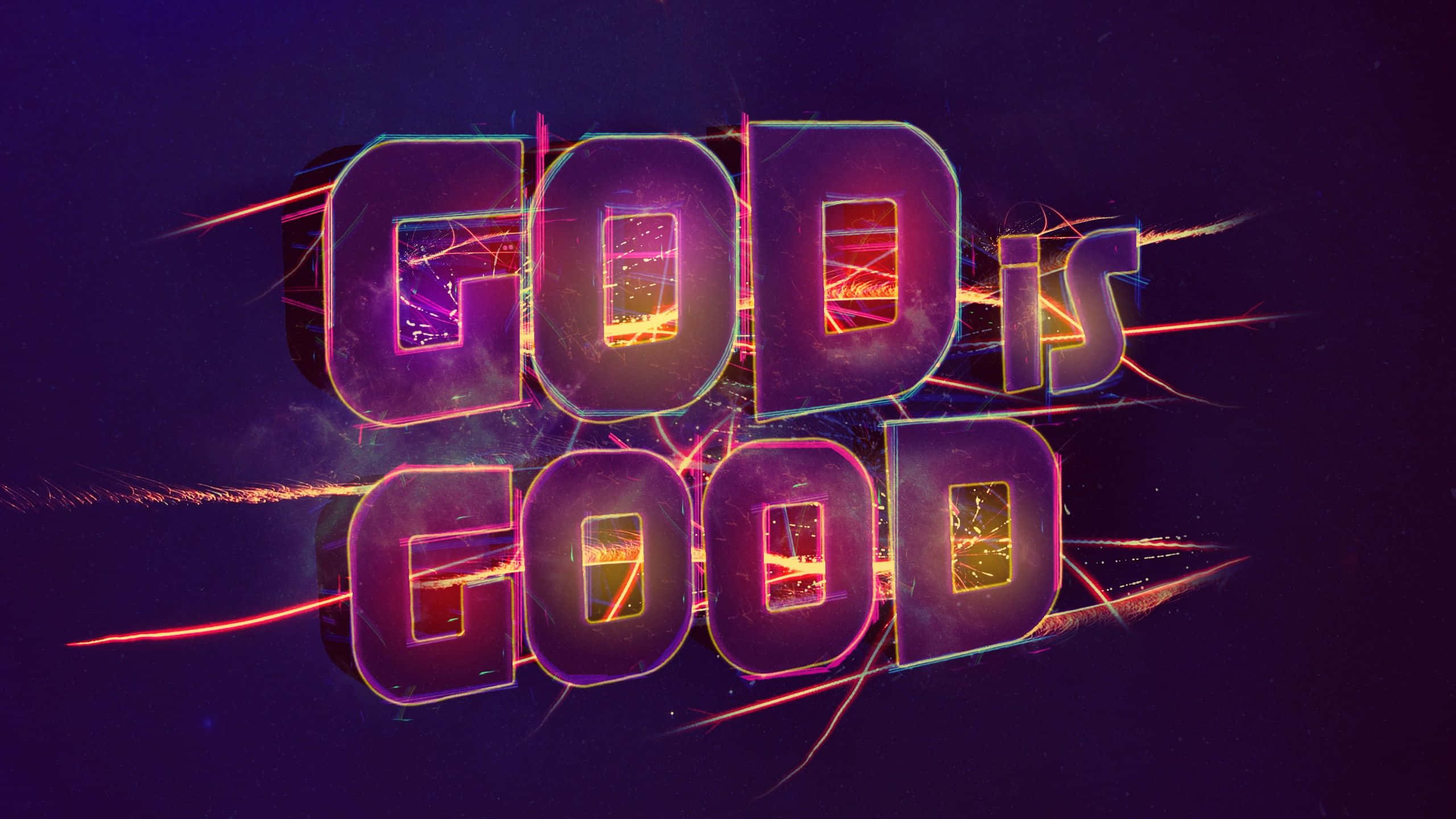 上帝是好的紫色閃耀燈光 壁紙 — 大膽發光的文字顯示「GOD IS GOOD」，帶有熾熱的光爆，背景是黑暗的宇宙。