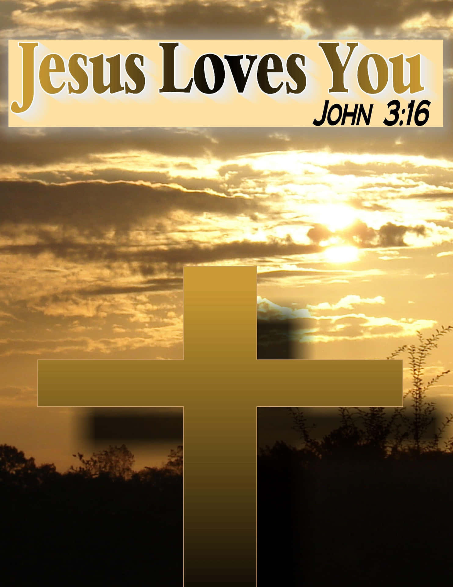 金色十字架在日落天空下，帶有文字 Jesus Loves You John 3:16