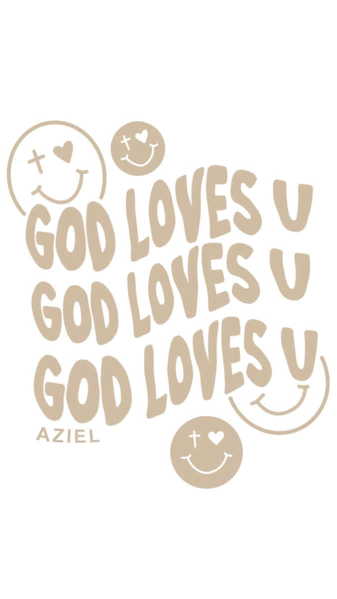 米色文字重複 'GOD LOVES U'，帶有笑臉和心形圖案，白色背景。