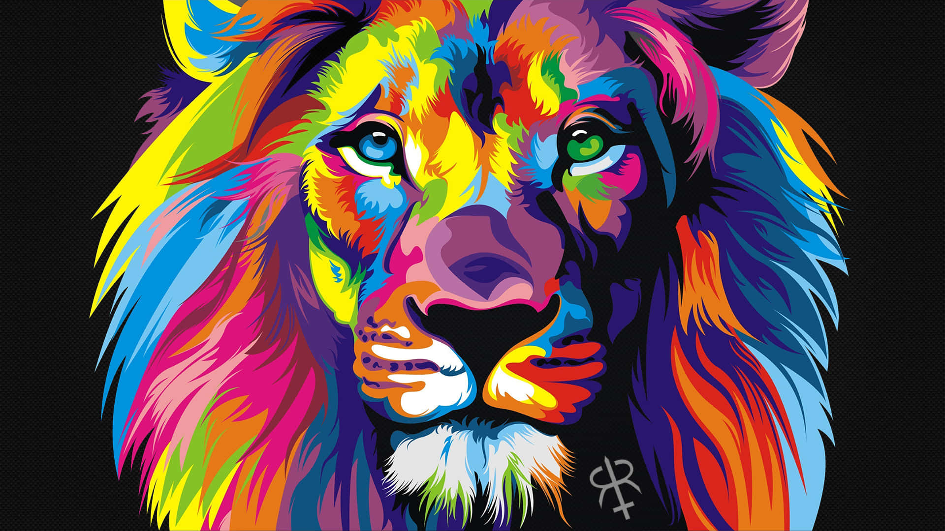 上帝的力量：猶大之獅 壁紙 — 一幅充滿活力的數碼藝術作品，描繪了在黑色背景上以電光彩虹色調繪製的獅子臉。