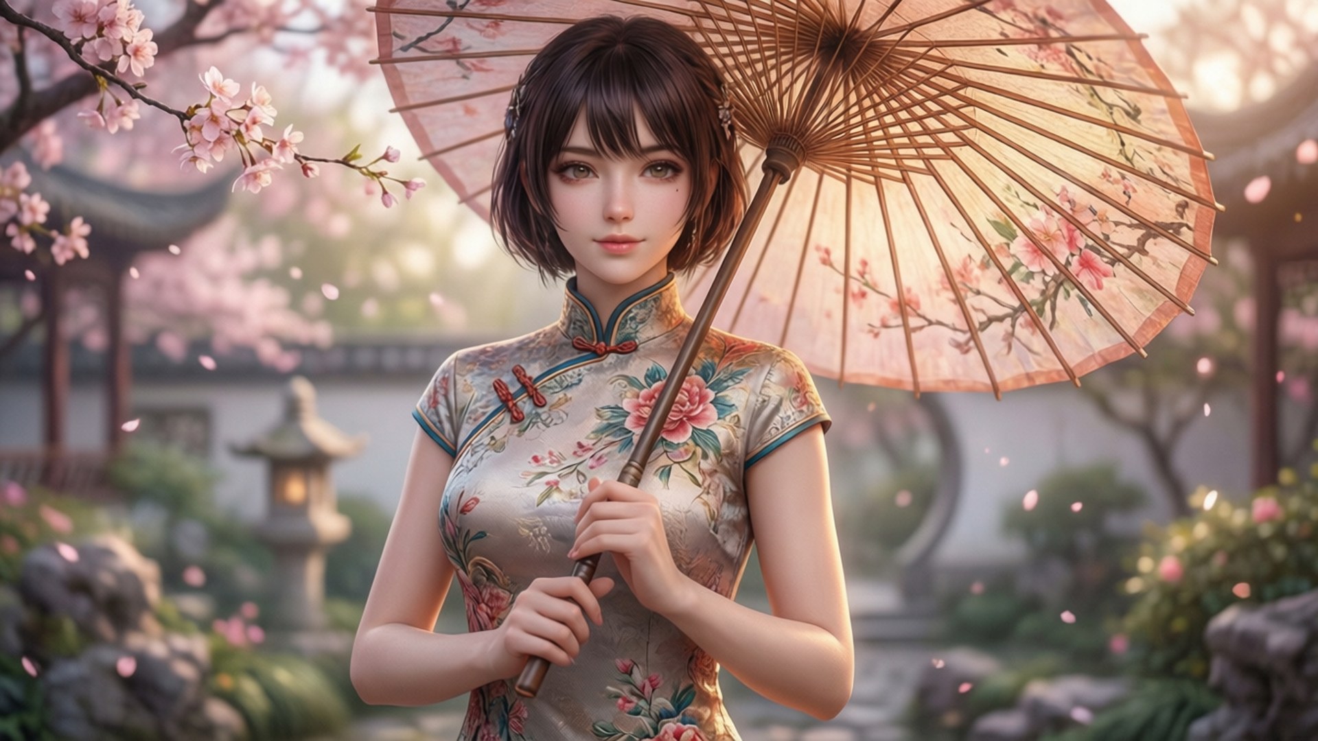 上海少女優雅風 壁紙 — 一位寧靜的動漫女性穿著花卉旗袍，在傳統花園中手持櫻花傘，周圍花瓣飄落。
