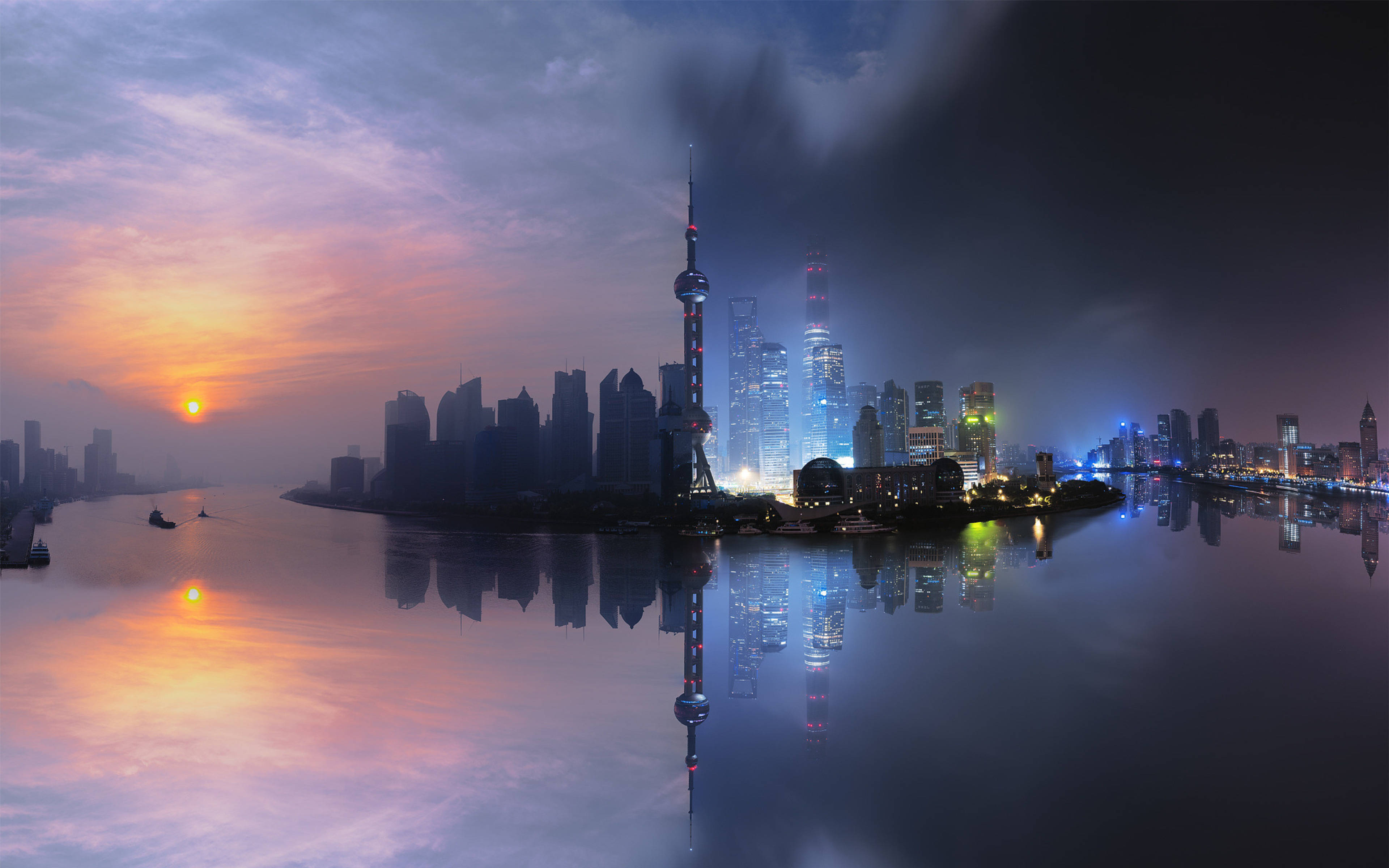 上海日夜景觀 壁紙 — 上海天際線的迷人黃昏景色，東方明珠塔和摩天大樓倒映在黃浦江中。