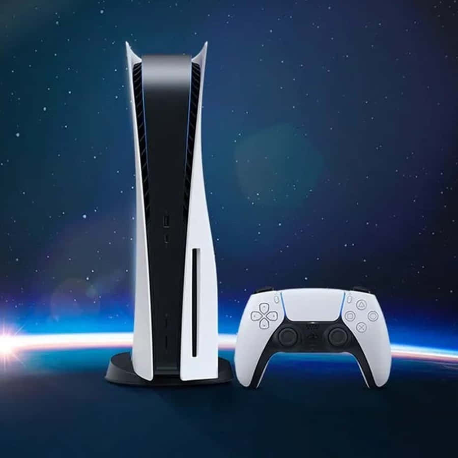 PlayStation 5 主機和控制器在太空中漂浮，周圍有星星和一顆發光的行星。