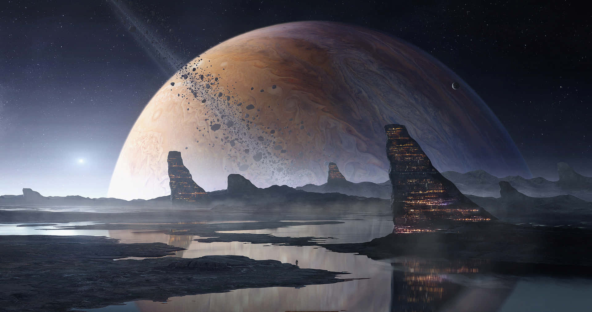黃昏時分的外星城市景觀，發光的塔樓在一顆巨大行星下倒映在水中。