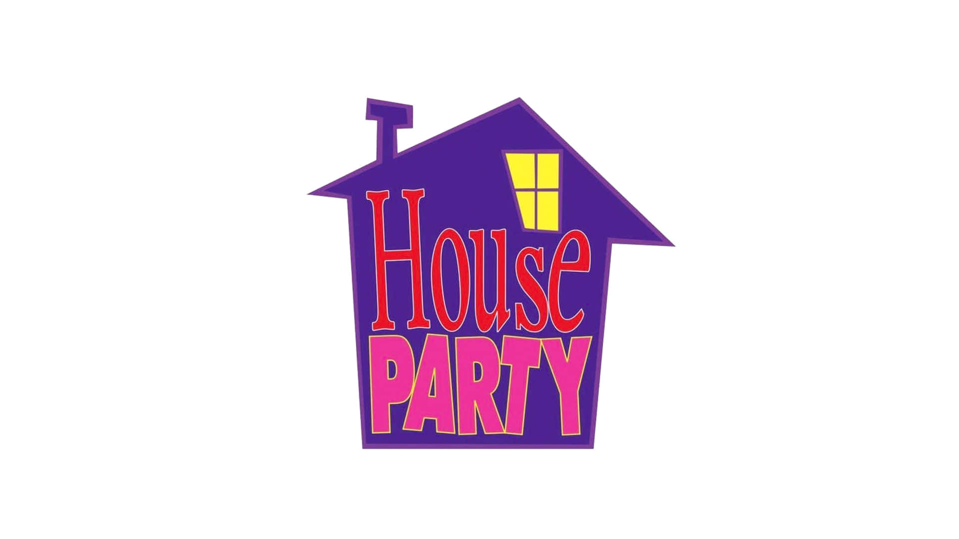 紫色房屋標誌，帶有「House Party」文字和發光窗戶。
