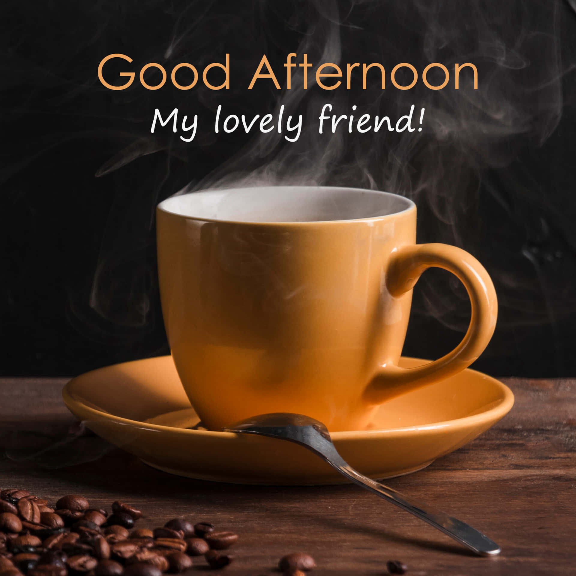冒煙的咖啡杯配上咖啡豆和勺子放在木桌上，帶有「Good Afternoon」文字。