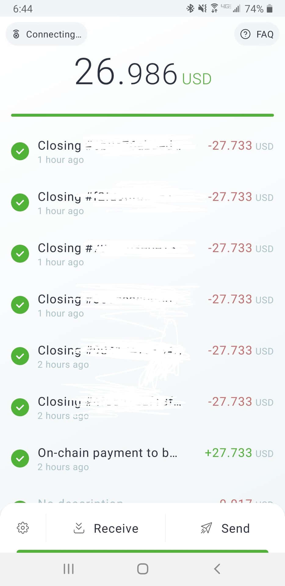 加密貨幣錢包應用程式，顯示交易記錄和當前餘額。