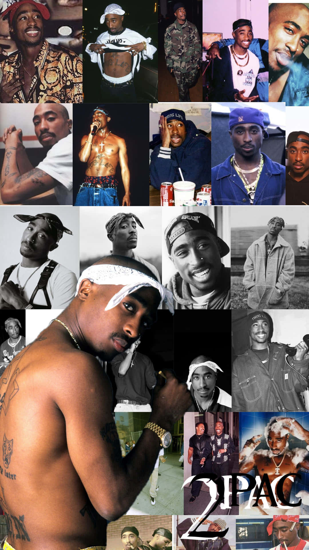Tupac Shakur各種姿勢和服裝的拼貼畫。