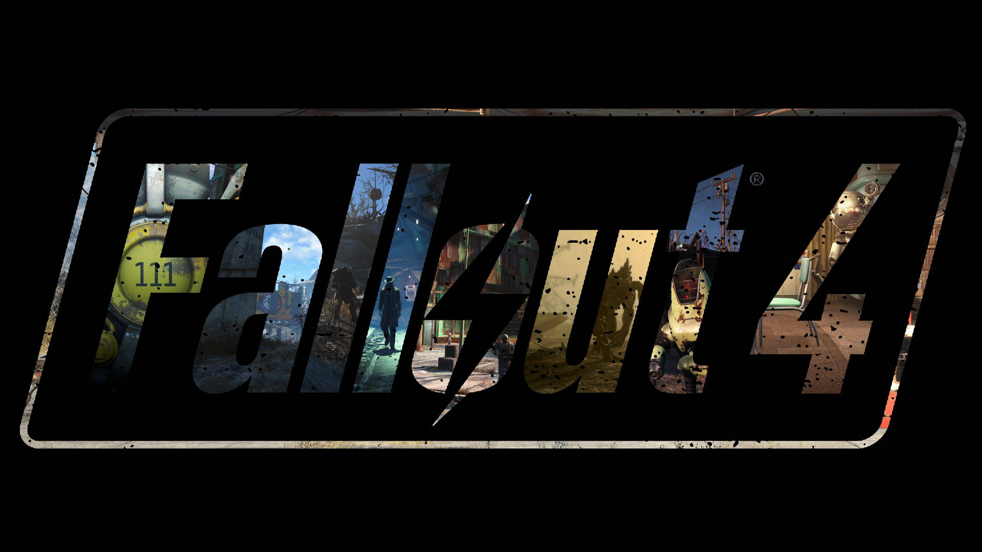 Fallout 4 遊戲標誌，字母內有廢墟建築和荒地的場景。