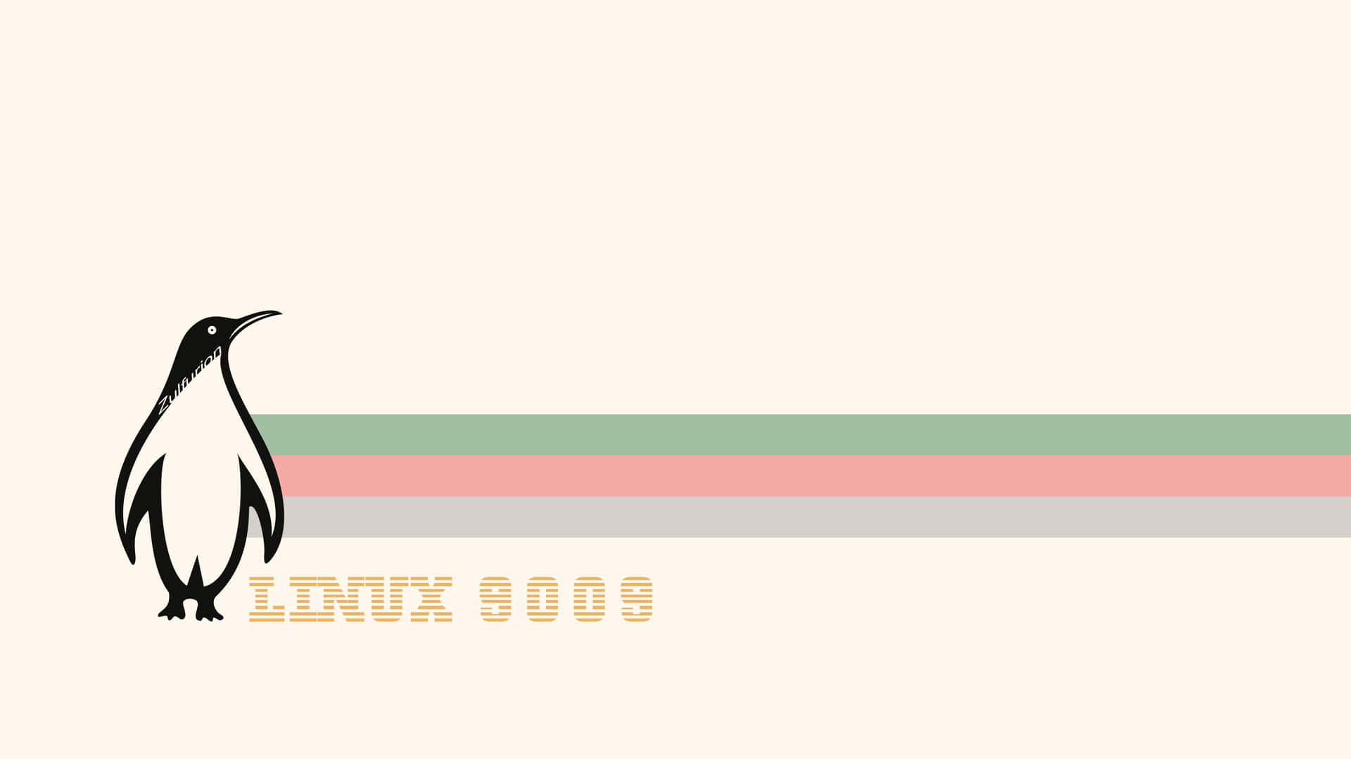 黑色企鵝標誌，米色背景上有「LINUX 9009」文字和彩色條紋。