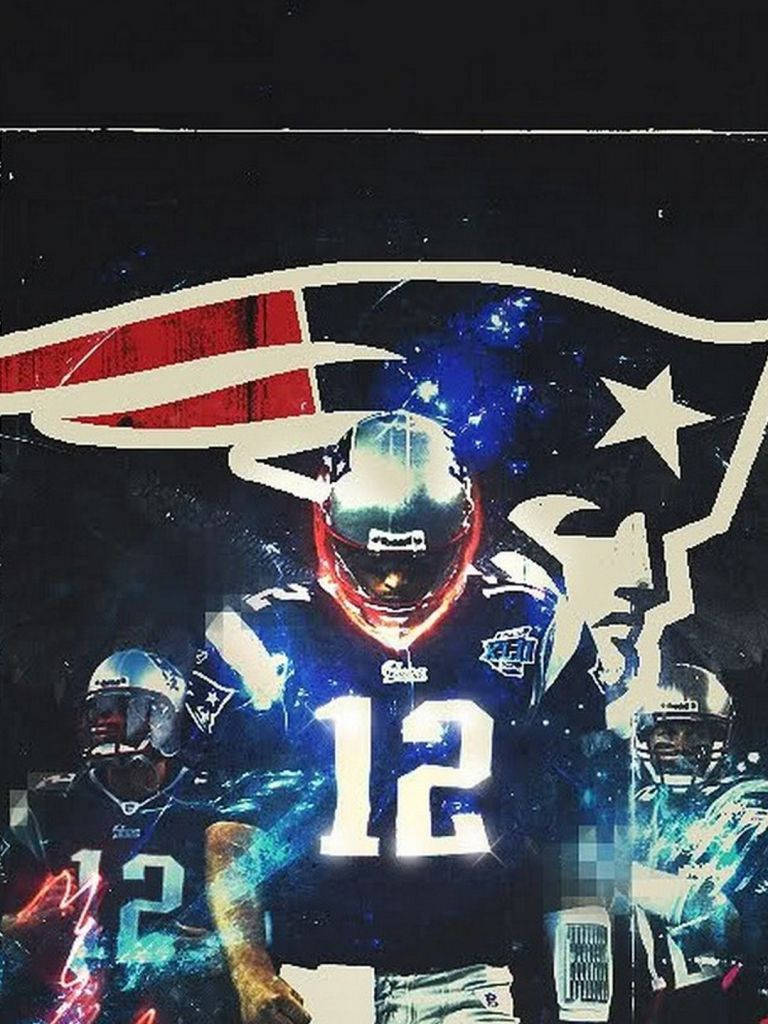身穿Patriots球衣、戴著發光頭盔的足球員，在球隊標誌下以宇宙為背景。