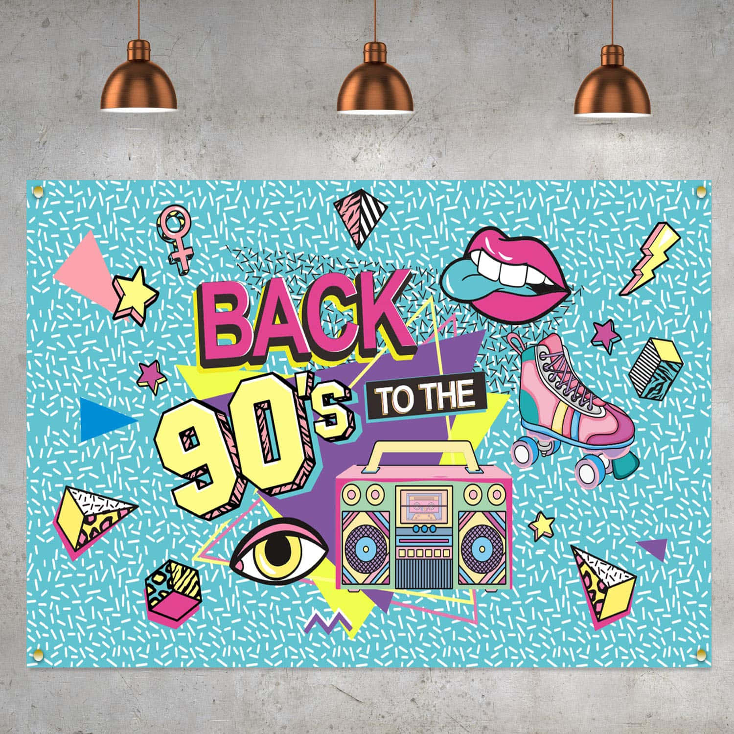 下載這款90年代風格主題背景，重返那個時尚誇張、電子音樂盛行的年代 壁紙 — 充滿活力的90年代復古海報，帶有手提音箱、溜冰鞋、嘴唇和幾何圖案，背景為青綠色。