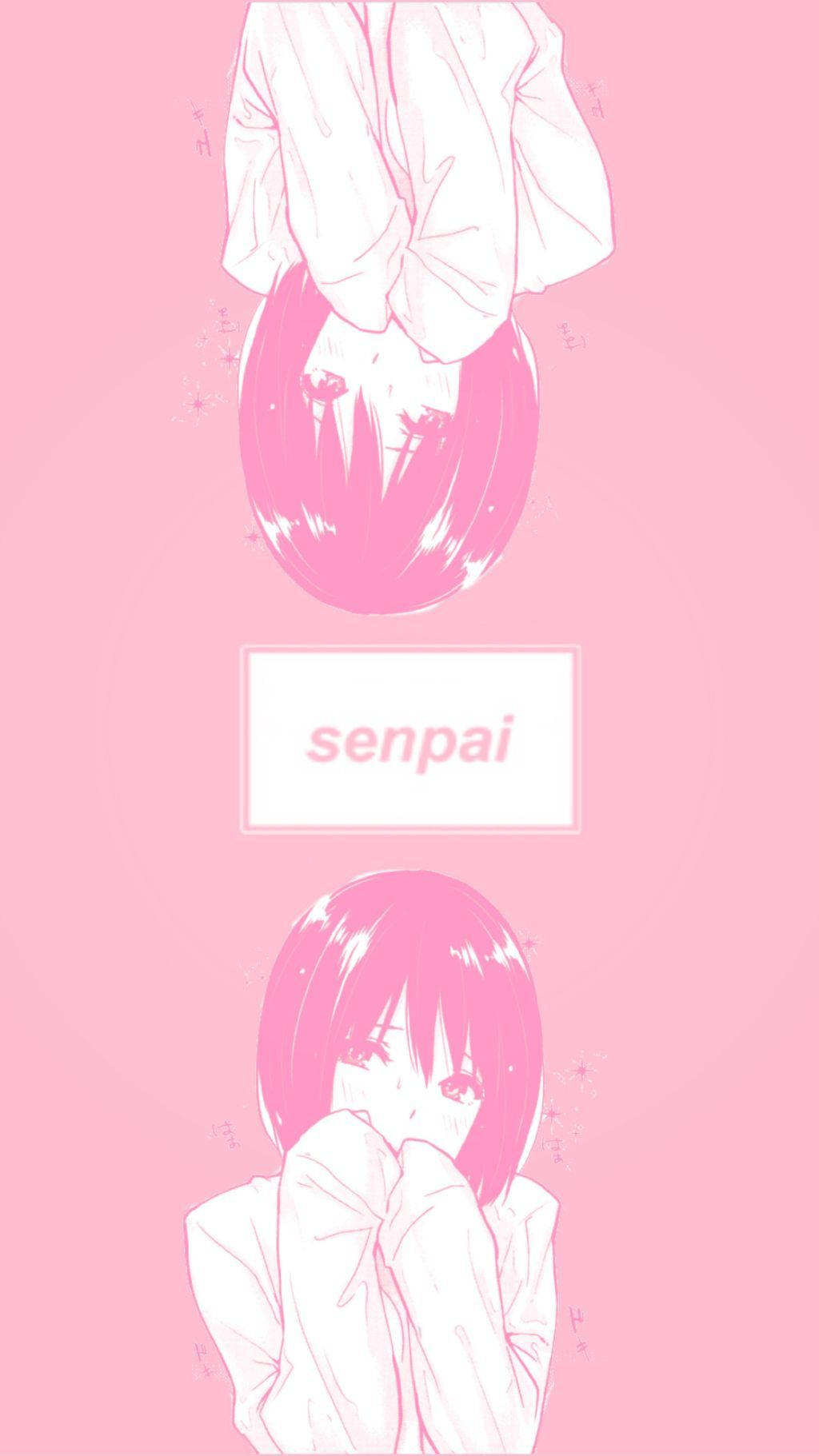 粉紅色頭髮的動漫女孩以倒立和正立顯示，帶有「senpai」文字。