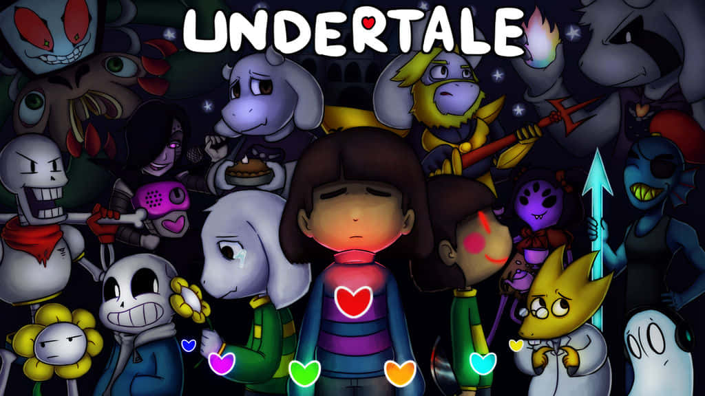 Undertale 角色聚集在一個帶有發光心臟的中心人物周圍。