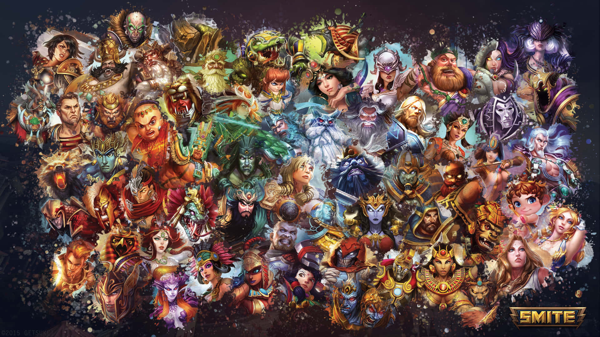 下載高解析度圖片，感受 Smite 的磅礴力量 壁紙 — 一幅充滿活力的數碼拼貼畫，展示遊戲《SMITE》中多樣化的奇幻角色，色彩繽紛的盔甲和魔法能量在黑暗的宇宙背景下迸發。