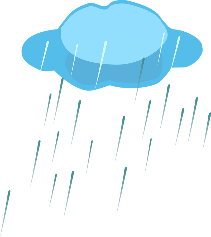 下雨雲朵卡通插畫 壁紙 — 一個卡通藍色雲朵在純黑背景上灑下淺藍綠色雨滴。