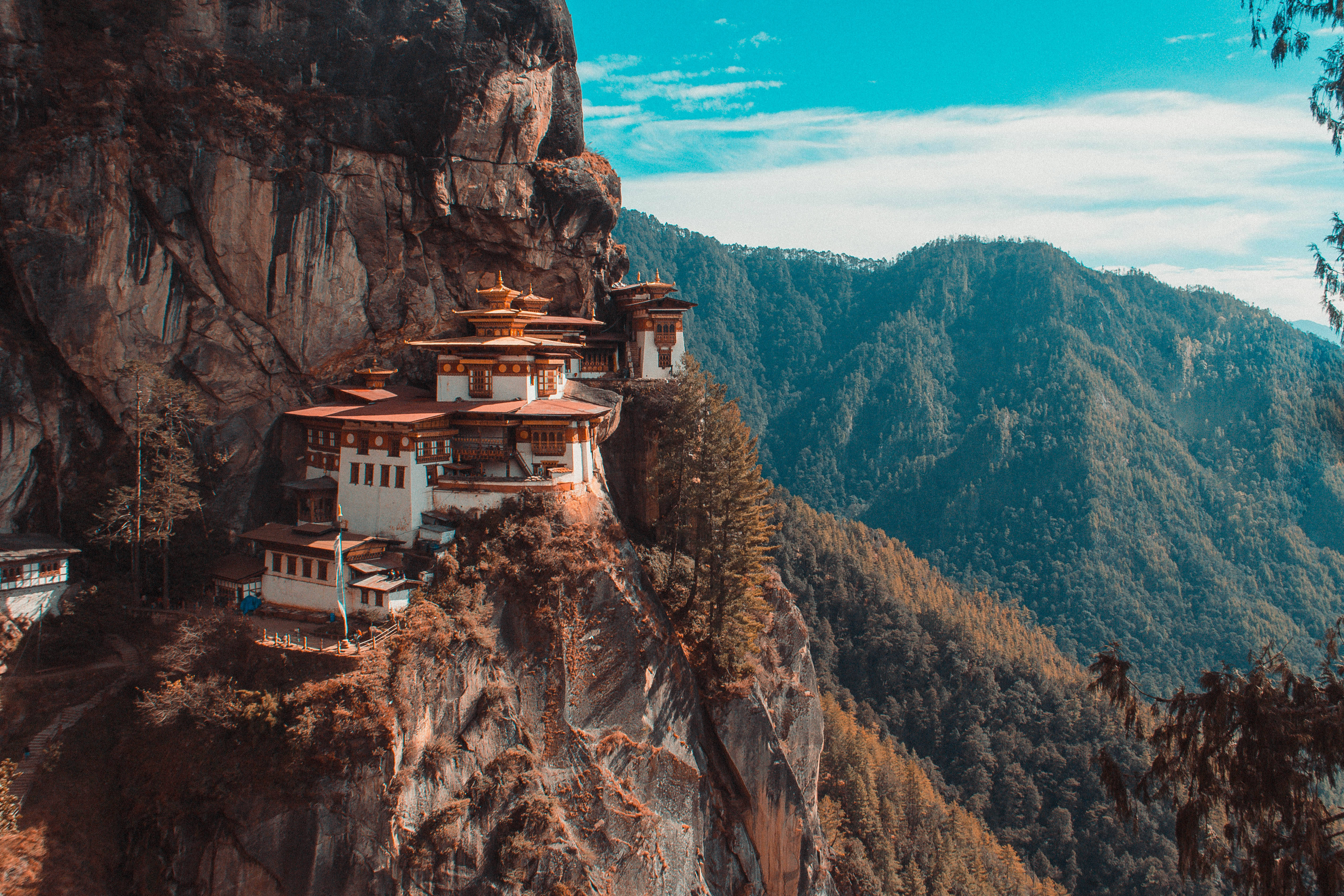不丹秋季寺廟 壁紙 — 一座雄偉的佛教寺院依附在陡峭的懸崖上，俯瞰著廣闊的森林山谷，上方是明亮的藍天。